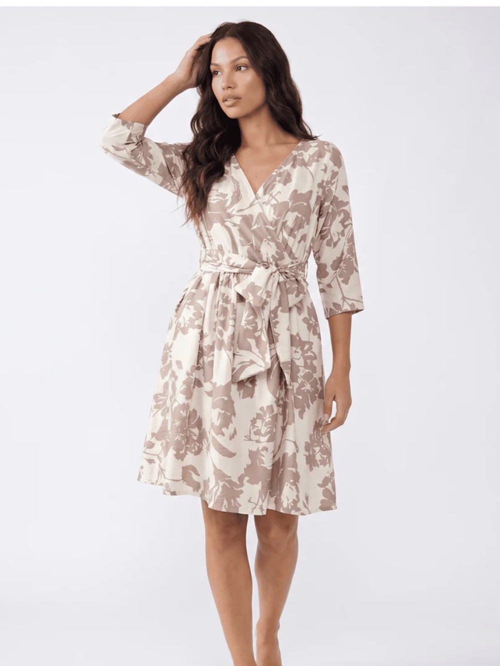 Floral Wrap Dress with Tie Waist in Beige and Cream